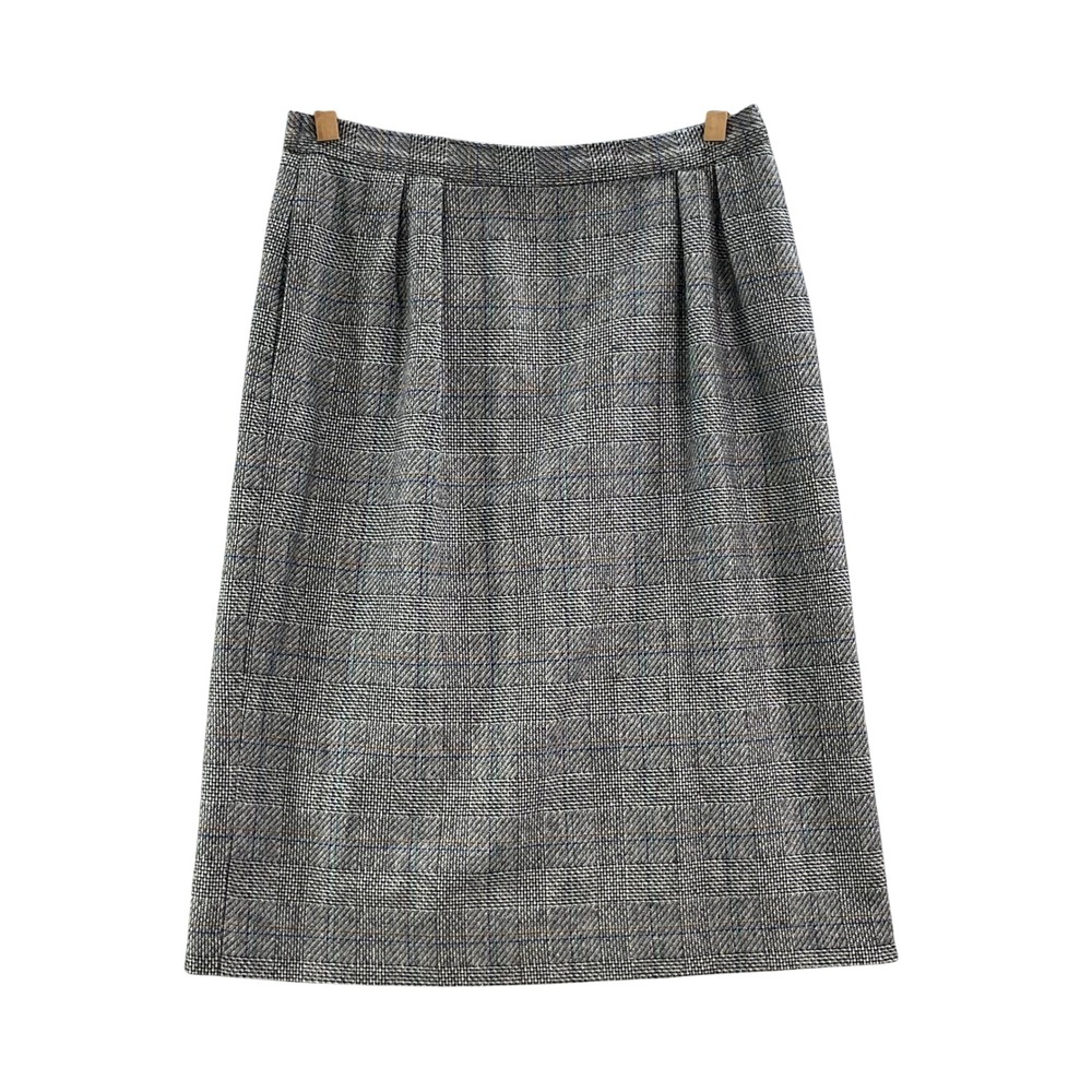 E.H. Woods Pencil Skirt Women 14 Gray Glen Plaid Wool Blend Vintage Pleated Midi